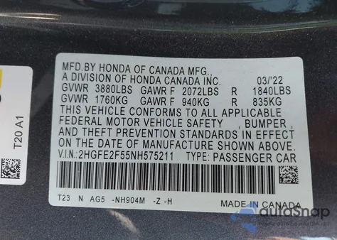 2022 Honda Civic Sport z USA, uszkodzony, nr VIN 2HGFE2F55NH575211